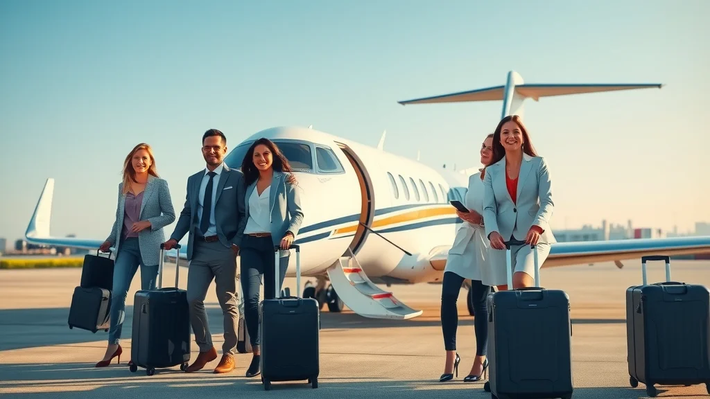 Sophisticated private jet on the runway with business and leisure travelers about to board; private plane hire at a modern airport terminal, clear morning sunlight, photorealistic