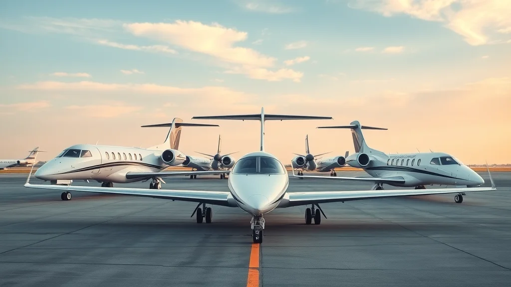 Sleek light business jet next to midsize and heavy jets for private jet charter in Sydney, photorealistic detail and polished tarmac