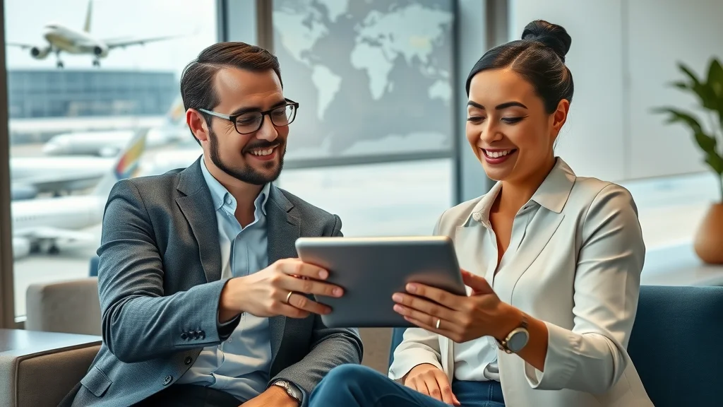 Professional travel consultant and client reviewing private jet charter Sydney flight options on a tablet, photorealistic indoor setting
