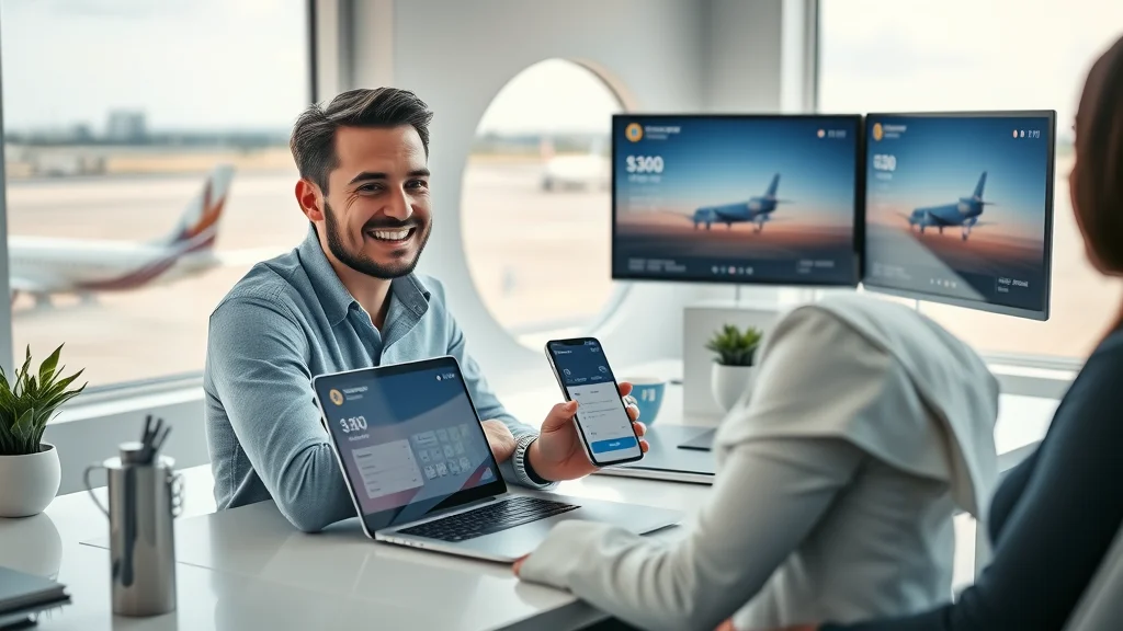 Person booking private aircraft rental Sydney using laptop and smartphone, showing confidence, modern workspace, photorealistic