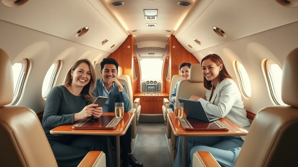 Inviting private jet cabin interior with relaxed passengers enjoying amenities; private jet charter comfort, leather seats, fold-out tables, photorealistic