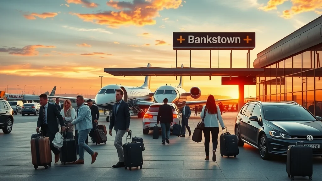 Busy private jet terminal at Bankstown airport, Sydney, showing luxury vehicles and clients, photorealistic at sunset